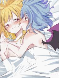 Rule 34 | 2girls, arm grab, bad id, bad twitter id, bat wings, bed sheet, blanket, blonde hair, blue hair, blush, breasts, collarbone, commentary request, esatongi, eye contact, flandre scarlet, from side, grabbing, hand up, happy tears, incest, looking at another, lying, medium breasts, multiple girls, no headwear, nude, on back, on side, profile, red eyes, remilia scarlet, short hair, siblings, sisters, sketch, smile, tears, touhou, upper body, wings, yuri