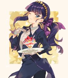 Rule 34 | 1girl, black hair, black jacket, black pants, blue eyes, blunt bangs, bow, butler, commentary request, delicious party precure, female butler, gloves, hair bow, hand on own chest, highres, jacket, kasai amane, kotoha, one eye closed, pants, plate, ponytail, precure, purple bow, solo, sparkle hair ornament, white gloves