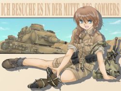 Rule 34 | 1girl, afrika korps, ankle boots, blue eyes, boots, braid, brown hair, canteen, desert, epaulettes, german text, long hair, looking at viewer, may (darkcore), military, military uniform, military vehicle, motor vehicle, original, panzer iii, panzer iii, pouch, shorts, shovel, single braid, sitting, sky, smile, soldier, solo, tank, translated, uniform, vehicle, war, wehrmacht, worktool, world war ii