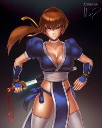 Rule 34 | 1girl, breasts, brown hair, cleavage, dead or alive, hair ribbon, hybridmink, kasumi (doa), large breasts, long hair, ninja, ponytail, ribbon, short hair, solo, sword, thighhighs, weapon