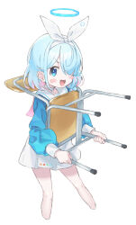 Rule 34 | 1girl, :d, arona (blue archive), blue archive, blue eyes, blue hair, blue shirt, blush stickers, bow, bow hairband, carrying, chair, choker, hair over one eye, hairband, halo, highres, long sleeves, looking at viewer, multicolored hair, open mouth, pink hair, pleated skirt, ribbon, sailor collar, school chair, school uniform, shirt, short hair, simple background, skirt, smile, solo, standing, v-shaped eyebrows, white background, white choker, white hairband, white ribbon, white sailor collar, white skirt, zeroarchive00