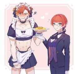 Rule 34 | 1boy, 1girl, :&gt;, abs, apron, aqua eyes, artist request, black collar, black neckerchief, black pants, black ribbon, blunt bangs, blush, braid, butler, collar, cropped shirt, crossdressing, earrings, female butler, food, frilled apron, frills, genderswap, genderswap (mtf), gloves, hair intakes, hair ribbon, heart, highres, hizaki gamma, holding, holding plate, holostars, jacket, jewelry, long sleeves, looking at viewer, maid, maid headdress, miniskirt, monocle, multicolored hair, navel, neckerchief, omelet, omurice, open clothes, open jacket, orange hair, outside border, pants, plate, puffy short sleeves, puffy sleeves, pulling, ribbon, short hair, short sleeves, skirt, smile, sparkle, streaked hair, two side up, virtual youtuber, white gloves
