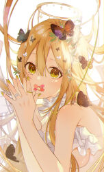 Rule 34 | 1girl, absurdres, bandaid, bandaid on face, blonde hair, bug, butterfly, butterfly on head, dress, green eyes, green nails, hair between eyes, halo, hands up, highres, insect, jewelry, looking at viewer, omutatsu, original, own hands together, ring, simple background, solo, white background, white dress