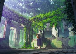 Rule 34 | 1girl, blue skirt, brown hair, brown hat, commentary request, day, forest, hat, holding, holding clothes, holding hat, ivy, long skirt, looking away, mocha (cotton), nature, original, outdoors, overgrown, pleated skirt, ruins, shirt, shoes, short sleeves, skirt, solo, standing, striped clothes, striped shirt, sunlight, tree, unworn hat, unworn headwear, vertical-striped clothes, vertical-striped shirt, white footwear, white shirt