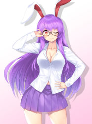 Rule 34 | 1girl, animal ears, arm up, bespectacled, black-framed eyewear, breasts, cleavage, closed mouth, collarbone, collared shirt, contrapposto, cowboy shot, glasses, gradient background, highres, km (km83305315), large breasts, lips, long hair, long sleeves, miniskirt, navel, one eye closed, pink background, pleated skirt, purple hair, purple skirt, rabbit ears, red eyes, reisen udongein inaba, semi-rimless eyewear, shirt, skirt, solo, touhou, under-rim eyewear, white background, white shirt, wing collar
