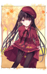 Rule 34 | 1girl, :d, autumn leaves, beret, black hair, black pantyhose, blush, bow, brown bow, butterfly hair ornament, commentary request, dress, dutch angle, fingernails, hair ornament, hat, hat bow, heart, highres, humuyun, leaf, long hair, long sleeves, looking at viewer, maple leaf, nail polish, open mouth, original, pantyhose, pink nails, red dress, red eyes, red hat, skirt basket, smile, solo, tilted headwear, very long hair