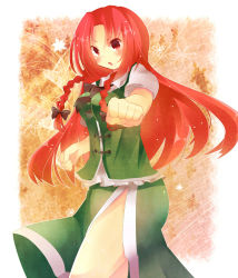 Rule 34 | 1girl, bad id, bad pixiv id, braid, chinese clothes, clenched hand, clenched hands, hong meiling, long hair, red eyes, red hair, solo, tamagogayu1998, thighs, touhou, twin braids