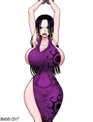 Rule 34 | 1girl, armpits, bdsm, black hair, blue eyes, boa hancock, bondage, bound, breasts, deo, dress, earrings, highres, hourglass, jewelry, large breasts, one piece, rebis, solo focus, tight clothes, tight dress, wide hips
