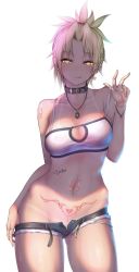 Rule 34 | 1girl, :q, bandeau, bare shoulders, blonde hair, blush, bound, bracelet, breasts, choker, cleavage, clothes pull, collar, denim, denim shorts, earrings, fate/apocrypha, fate/grand order, fate (series), heart, heart earrings, heart tattoo, highres, hip focus, jewelry, large breasts, looking at viewer, medium breasts, midriff, mordred (fate), mordred (fate/apocrypha), necklace, nikuku (kazedesune), piercing, pubic tattoo, short hair, short shorts, shorts, shorts pull, simple background, smile, solo, tan, tank top, tanline, tattoo, thighs, tongue, tongue out, white background
