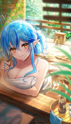 Rule 34 | 1girl, absurdres, ahoge, arm under breasts, bare shoulders, bathing, blue hair, blurry, blurry foreground, blush, bottle, breasts, choko (cup), cleavage, collarbone, commentary request, cup, depth of field, elf, hair between eyes, heart, heart ahoge, highres, hololive, large breasts, long hair, looking at viewer, naked towel, onsen, partially submerged, plant, pointy ears, smile, solo, sweat, syandega, tokkuri, towel, virtual youtuber, water, white towel, yellow eyes, yukihana lamy