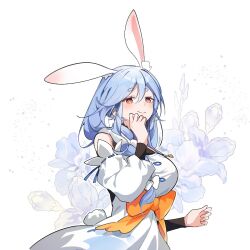 Rule 34 | 1girl, animal ear fluff, animal ears, blue hair, blush, braid, breasts, dandandanholo, floral background, flower, hololive, long hair, looking at viewer, mature female, mixed-language commentary, multicolored hair, pekomama, rabbit ears, rabbit girl, short eyebrows, smile, solo, thick eyebrows, two-tone hair, virtual youtuber, white flower, white hair