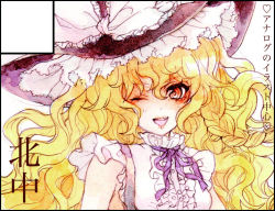 Rule 34 | 1girl, bad id, bad pixiv id, blonde hair, bow, braid, circle cut, female focus, hat, hat bow, heart, kirisame marisa, long hair, one eye closed, open mouth, painting (medium), red eyes, ribbon, single braid, smile, solo, touhou, traditional media, upper body, watercolor (medium), white background, wink, witch, witch hat, yutsumoe