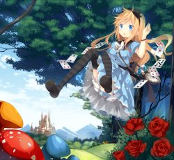 Rule 34 | 1girl, alice (alice in wonderland), alice in wonderland, bad id, bad pixiv id, black thighhighs, blonde hair, bloomers, blue dress, blue eyes, blue sky, bow, bracelet, card, castle, cloud, day, dress, falling, flower, forest, hair bow, jewelry, long hair, marotti, mountain, mushroom, nature, open mouth, original, playing card, pocket watch, puffy sleeves, red flower, red rose, rose, sash, short sleeves, sky, solo, striped clothes, striped thighhighs, thighhighs, underwear, upskirt, very long hair, watch, zettai ryouiki