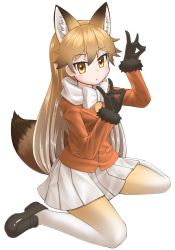 Rule 34 | 10s, 1girl, absurdres, animal ears, blush, brown eyes, brown hair, brown pantyhose, double fox shadow puppet, ezo red fox (kemono friends), fox ears, fox shadow puppet, fox tail, full body, highres, kakutasu (akihiron cactus), kemono friends, looking at viewer, multicolored hair, pantyhose, parted lips, simple background, sitting, skirt, solo, tail, transparent background, two-tone hair, wariza, white background, white hair, white pantyhose, white skirt