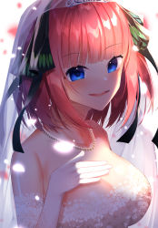 Rule 34 | 1girl, absurdres, bare shoulders, black ribbon, blue eyes, blunt bangs, blush, breasts, bridal veil, cleavage, collarbone, commentary request, dress, elbow gloves, gloves, go-toubun no hanayome, hair ribbon, hand up, highres, jewelry, medium breasts, nakano nino, necklace, open mouth, pearl necklace, red hair, ribbon, see-through, simple background, smile, solo, strapless, strapless dress, suisen-21, teeth, tiara, upper body, upper teeth only, veil, wedding dress, white background, white dress, white gloves