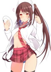 Rule 34 | 1girl, :o, ^^^, azur lane, black thighhighs, blush, breasts, brown hair, buttons, cellphone, collared shirt, commentary request, contrapposto, cowboy shot, dress shirt, hair ornament, hair ribbon, hairclip, haruna (azur lane), haruna (free time before class) (azur lane), highres, holding, holding phone, long hair, long sleeves, looking at viewer, medium breasts, miniskirt, navel, necktie, no bra, open clothes, open mouth, open shirt, panties, pantyshot, phone, plaid, plaid skirt, pleated skirt, red eyes, ribbon, school uniform, shirt, simple background, skindentation, skirt, smartphone, solo, standing, striped clothes, striped necktie, striped neckwear, striped panties, takeyuu, thighhighs, twintails, underwear, very long hair, white background, white ribbon, white shirt
