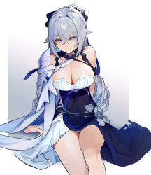 Rule 34 | 1girl, absurdres, arm support, bare shoulders, black dress, breasts, bronya zaychik, bronya zaychik (silverwing: n-ex), cleavage, closed mouth, commentary, dress, english commentary, feet out of frame, grey hair, hair between eyes, highres, honkai (series), honkai impact 3rd, large breasts, long hair, purple eyes, sitting, solo, very long hair, white dress, wucanming