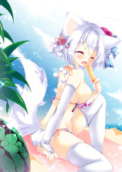 Rule 34 | 1girl, ahoge, animal ears, beach, bikini, blush, breasts, closed eyes, food, fruit, gloves, hair ornament, happy, hikanyan, ice, inubashiri momiji, large breasts, looking at viewer, ocean, open mouth, short hair, silver hair, solo, swimsuit, tail, thighhighs, touhou, watermelon, white thighhighs, wolf ears, wolf tail