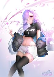 Rule 34 | 1girl, black jacket, black shirt, black thighhighs, breasts, character request, clothes writing, copyright request, crop top, dan shuimo yin, dog tags, feet out of frame, hair over one eye, highres, index finger raised, jacket, long hair, looking at viewer, medium breasts, midriff, navel, off shoulder, open clothes, open jacket, purple eyes, purple hair, shirt, short shorts, short sleeves, shorts, solo, stomach, thighhighs, thighs, very long hair, white shorts