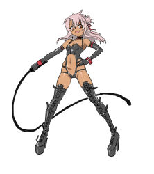 Rule 34 | 1girl, black choker, black leotard, bondage outfit, boots, breasts, chloe von einzbern, choker, cleavage, clip studio paint (medium), clothing cutout, commission, cross-laced footwear, dark-skinned female, dark skin, dominatrix, elbow gloves, eudetenis, fate/kaleid liner prisma illya, fate (series), front zipper, full body, gloves, hair ribbon, highres, hip vent, holding, holding whip, lace-up boots, leather, leather gloves, leotard, long hair, long legs, looking at viewer, navel, orange eyes, pink hair, platform boots, platform footwear, platform heels, revealing clothes, ribbon, small breasts, solo, stomach cutout, thigh boots, variant set, whip, wrist straps