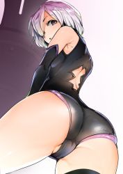 Rule 34 | 1girl, ass, bad id, bad twitter id, elbow gloves, fate/grand order, fate (series), from below, gloves, hair over one eye, highres, leotard, light purple hair, looking at viewer, looking down, mash kyrielight, nakasone haiji, purple eyes, short hair, solo