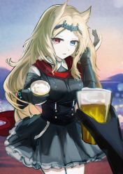 Rule 34 | 1girl, 1other, absurdres, animal ears, archetto (arknights), arknights, black dress, black gloves, blonde hair, blue eyes, breasts, commentary request, cup, dress, drink, drinking straw, forehead, frilled dress, frills, gloves, hand up, heterochromia, highres, holding, holding cup, long hair, long sleeves, looking at viewer, mizuhashi parusui, mountain, outdoors, parted lips, pleated dress, red eyes, small breasts, solo focus, sunset, very long hair