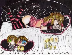Rule 34 | amane misa, bed, bed sheet, blonde hair, bracelet, candle, death note, doll, goth fashion, jewelry, panties, pillow, skull, thighhighs, twintails, underwear, yellow eyes