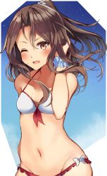 Rule 34 | 1girl, ;d, bare shoulders, bikini, blush, breasts, brown eyes, brown hair, collarbone, front-tie bikini top, front-tie top, hair between eyes, hair ornament, hair scrunchie, highres, kantai collection, looking at viewer, natsu narumi, navel, one eye closed, open mouth, ponytail, scrunchie, small breasts, smile, solo, stomach, swimsuit, teeth, upper teeth only, wrist scrunchie, zuihou (kancolle)
