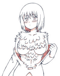 Rule 34 | 1girl, blush, dungeon meshi, falin touden, feathers, looking at viewer, monochrome, monster girl, solo, torn clothes, undressing