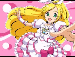Rule 34 | 10s, 1girl, blonde hair, bow, braid, brooch, choker, cure rhythm, dress, frills, green eyes, hair ribbon, heart, jaggy lines, jewelry, letterboxed, long hair, magical girl, minamino kanade, oekaki, outside border, outstretched hand, pink background, pink bow, precure, ribbon, smile, solo, suite precure, uraki, white choker, wrist cuffs