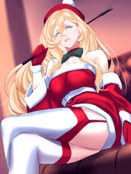 Rule 34 | 1girl, bare shoulders, belt, belt buckle, beret, blonde hair, blue eyes, bow, buckle, christmas, crossed legs, detached sleeves, fur-trimmed gloves, fur trim, gloves, green bow, hair between eyes, hat, headband, highres, holding, kantai collection, lips, long hair, looking at viewer, mole, mole under eye, mole under mouth, red gloves, red headband, richelieu (kancolle), shingyou (alexander-13), sitting, solo, thighhighs, white belt, white thighhighs