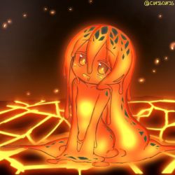 Rule 34 | 1girl, bright pupils, colored sclera, colored skin, core, curss, drooling, flat chest, hair between eyes, head tilt, long hair, looking at viewer, melting, lava, monster girl, mouth drool, nude, orange eyes, orange hair, orange sclera, orange skin, orange theme, original, slime girl, solo, twitter username, very long hair