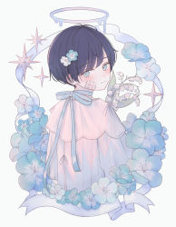 Rule 34 | 1boy, absurdres, bandaid, bandaid on cheek, bandaid on face, black hair, blue eyes, blue flower, blue theme, child, closed mouth, flower, halo, highres, lily of the valley, long sleeves, looking at viewer, looking back, male focus, melting halo, nemophila (flower), niufog, original, shirt, smile, solo, star (symbol), white background, white shirt, yori (niufog)