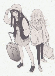 Rule 34 | 2girls, bag, beanie, black hair, black legwear, bomber jacket, from above, futari escape, hand in pocket, hat, highres, jacket, kouhai (futari escape), long hair, looking at viewer, monochrome, multiple girls, open mouth, pantyhose, senpai (futari escape), shoes, simple background, skirt, sneakers, standing, suitcase, taguchi shouichi, wavy hair, white background