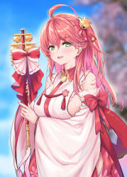 Rule 34 | 1girl, ahoge, asymmetrical hair, bell, blue sky, blurry, blurry background, blush, bow, breasts, cherry blossoms, commentary, cowboy shot, day, detached sleeves, green eyes, hair bell, hair between eyes, hair ornament, highres, holding, hololive, jingle bell, kagura suzu, long hair, looking at viewer, medium breasts, mushi024, nontraditional miko, open mouth, outdoors, red bow, red skirt, sakura miko, sakura miko (1st costume), side ponytail, sideboob, skirt, sky, smile, solo, standing, tassel, virtual youtuber, wide sleeves, wing collar, x hair ornament