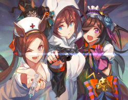 Rule 34 | 4girls, aiming, aiming at viewer, alternate costume, animal ear headwear, animal ears, bat wings, black hair, blue eyes, blue flower, blue rose, blush, bow, brown hair, chain, claw pose, cloak, collared shirt, commentary request, fake animal ears, fang, flower, flower-shaped pupils, flying sweatdrops, frilled hairband, frills, gangsta hold, glasses, gun, hair over one eye, hairband, handgun, hat, holding, holding gun, holding syringe, holding weapon, hood, hood up, horse ears, horse girl, horse tail, kabocha (monkey4), large bow, long hair, looking at viewer, medical scrubs, mihono bourbon (ghosty and the magic of halloween) (umamusume), mihono bourbon (umamusume), mini hat, mini top hat, multiple girls, nail polish, nurse cap, official alternate costume, one eye closed, open mouth, orange nails, outstretched arm, pistol, ponytail, puffy short sleeves, puffy sleeves, purple eyes, rice shower (make up vampire!) (umamusume), rice shower (umamusume), rose, sakura bakushin o (umamusume), shirt, short sleeves, skin fang, sweatdrop, symbol-shaped pupils, syringe, tail, teeth, top hat, umamusume, v-shaped eyebrows, weapon, white shirt, wings, witch hat, zenno rob roy (magically gifted hero) (umamusume), zenno rob roy (umamusume)