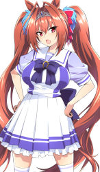 1girl, animal ears, antenna hair, bangs, breasts, commentary request, daiwa scarlet, eyebrows visible through hair, hair ribbon, hands on hips, highres, horse ears, horse girl, large breasts, long hair, looking at viewer, nakahira guy, open mouth, pink eyes, red hair, red ribbon, ribbon, sailor collar, short sleeves, simple background, skirt, solo, standing, thighhighs, tiara, twintails, umamusume, white background, white legwear, white sailor collar, white skirt, zettai ryouiki