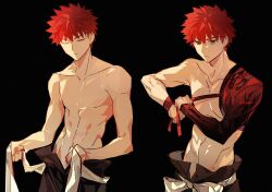 Rule 34 | 1boy, absurdres, belt, black background, brown eyes, closed eyes, dressing, eeju, emiya shirou, expressionless, fate/grand order, fate (series), highres, igote, male focus, red hair, senji muramasa (fate), short hair, side-by-side, simple background, solo, topless male, twitter username, tying, upper body, wristband