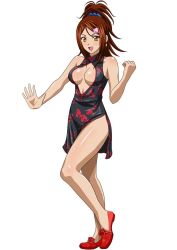 Rule 34 | 00s, 1girl, bachou mouki, brown hair, china dress, chinese clothes, cleavage cutout, clothing cutout, dress, hair ornament, hair scrunchie, ikkitousen, looking at viewer, open mouth, scrunchie, simple background, solo, white background, yellow eyes