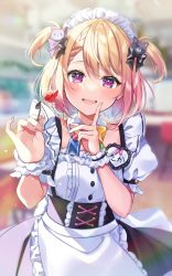Rule 34 | 1girl, absurdres, anzu 1026, black bow, blonde hair, blurry, blurry background, bow, braid, cat hair ornament, detached collar, dress, fang, feeding, flat chest, food, fork, fruit, gradient hair, hair bow, hair ornament, hands up, highres, holding, holding fork, incoming food, index finger raised, indie virtual youtuber, light blush, maid, maid headdress, multicolored hair, open mouth, otome moka, pink eyes, pink hair, puffy short sleeves, puffy sleeves, short sleeves, skin fang, smile, solo, square neckline, strawberry, two-tone hair, two side up, upper body, virtual youtuber