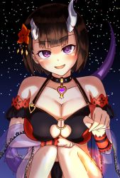 Rule 34 | 1girl, :d, bikini, black bikini, black choker, blush, breasts, broken horn, choker, cleavage, collarbone, commentary request, demon girl, demon horns, eriko (princess connect!), eriko (summer) (princess connect!), fireworks, flower, hair flower, hair ornament, highres, horns, large breasts, looking at viewer, night, night sky, o-ring, o-ring bikini, o-ring top, official alternate costume, omu rettur5, open mouth, princess connect!, purple shawl, see-through, see-through shawl, shawl, short sleeves, sitting, sky, smile, solo, sparkler, spiked tail, star (sky), starry sky, swimsuit, tail