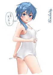 Rule 34 | 1girl, adjusting clothes, adjusting swimsuit, asymmetrical hair, blue eyes, blue hair, commentary request, competition school swimsuit, cowboy shot, from behind, highres, ishida arata, kantai collection, looking at viewer, looking back, minazuki (kancolle), one-piece swimsuit, school swimsuit, short hair with long locks, simple background, solo, swimsuit, thighs, translation request, twitter username, white background, white one-piece swimsuit
