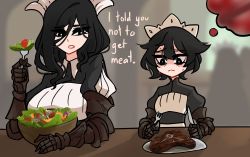 Rule 34 | 2girls, black eyes, black hair, blurry, blurry background, breasts, centurii-chan (artist), closed mouth, collared shirt, commentary, english commentary, english text, executioner maid (centuriic), eyes visible through hair, food, furrowed brow, gauntlets, highres, holding, holding food, holding knife, juliet sleeves, knife, large breasts, long sleeves, maid, maid headdress, meat, multiple girls, open mouth, original, puffy sleeves, salad bowl, shirt, small breasts, steak, sweat, nervous sweating, thought bubble