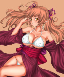 Rule 34 | bikini, breasts, brown hair, character request, cleavage, covered erect nipples, japanese clothes, kimono, large breasts, long hair, lying, orange eyes, pointy ears, rokuichi, solo, swimsuit, twintails, white bikini, yukata