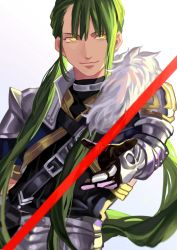 Rule 34 | 1other, ambiguous gender, androgynous, armor, cu chulainn (fate), cu chulainn (fate) (all), cu chulainn (fate/prototype), enkidu (fate), fate/grand order, fate (series), full armor, fur trim, gae bolg (fate), gradient background, green hair, highres, kuzen, light smile, long hair, long sleeves, polearm, smile, solo, spear, weapon, white background, yellow eyes