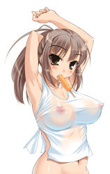 Rule 34 | 1girl, armpits, blush, breasts, brown eyes, brown hair, cle masahiro, covered erect nipples, food, large breasts, nipples, no bra, popsicle, see-through, sexually suggestive, solo, source request, tongue