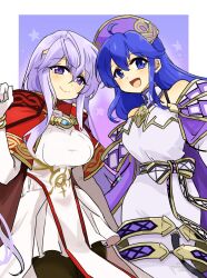 Rule 34 | :d, bare shoulders, blue eyes, blue hair, breasts, cosplay, costume switch, dress, fire emblem, fire emblem: genealogy of the holy war, fire emblem: the binding blade, julia (fire emblem), large breasts, lilina (fire emblem), looking at viewer, nintendo, open mouth, pantyhose, purple eyes, purple hair, smile, white dress, yukia (firstaid0)