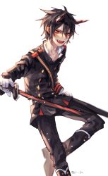 Rule 34 | 1boy, 23 (user oxt3659), artist name, belt, black footwear, black hair, black pants, black shirt, boots, buttons, collarbone, eyeliner, fang, gloves, highres, holding, holding sword, holding weapon, horns, hyakuya yuuichirou, long sleeves, looking at viewer, makeup, male focus, multicolored horns, open mouth, owari no seraph, pants, red eyeliner, shirt, sketch, smile, solo, sword, teeth, tongue, twitter username, two-tone horns, upper teeth only, weapon, white background, white gloves