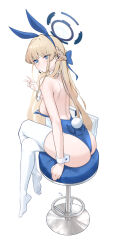 Rule 34 | 1girl, absurdres, animal ears, ass, back, bar stool, bare back, bare shoulders, blonde hair, blue archive, blue bow, blue eyes, blue leotard, blush, bow, braid, breasts, buttons, chair, closed mouth, commentary, crossed legs, detached collar, dongye1551, earpiece, fake animal ears, fake tail, french braid, from behind, hair between eyes, hair bow, halo, hand up, highres, large breasts, leotard, long hair, looking back, microphone, no shoes, official alternate costume, official alternate hairstyle, playboy bunny, rabbit ears, rabbit tail, simple background, sitting, solo, stool, strapless, strapless leotard, tail, thighhighs, toki (blue archive), toki (bunny) (blue archive), v, white background, white thighhighs, wrist cuffs