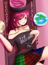 Rule 34 | 1girl, bad id, bad pixiv id, bare shoulders, black choker, breasts, chain, choker, clothes writing, earth (ornament), english text, hand on own chest, hatoman (ytef4434), heart, hecatia lapislazuli, highres, legacy of lunatic kingdom, long hair, moon (ornament), multicolored clothes, off-shoulder shirt, off shoulder, open mouth, plaid, plaid skirt, red eyes, red hair, shirt, short sleeves, skirt, smile, solo, t-shirt, touhou, underworld (ornament)